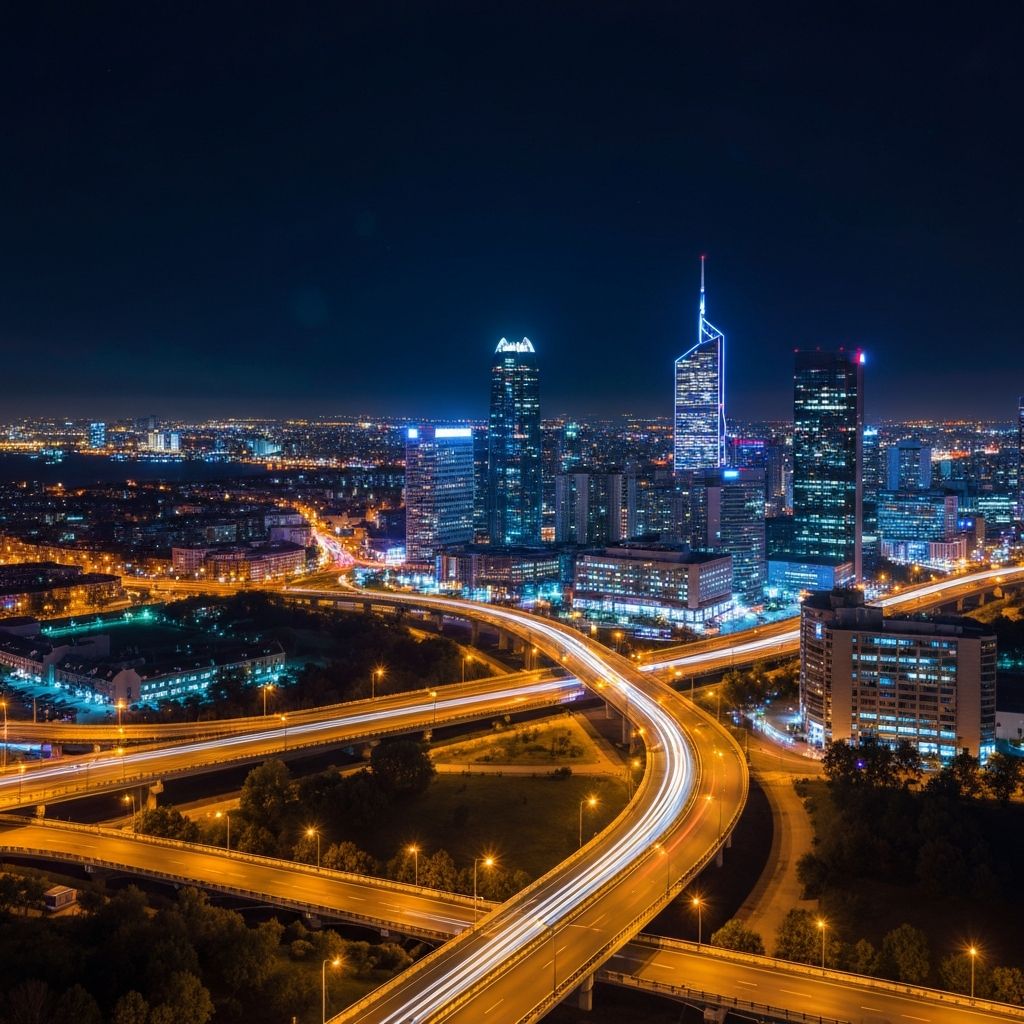 Aerial night view of a smart city with a data layer